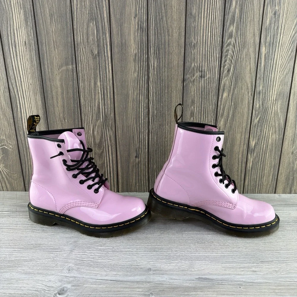 Dr Doc Martens Pink Black Combat Boots Barbie Patent Leather Women Size 7